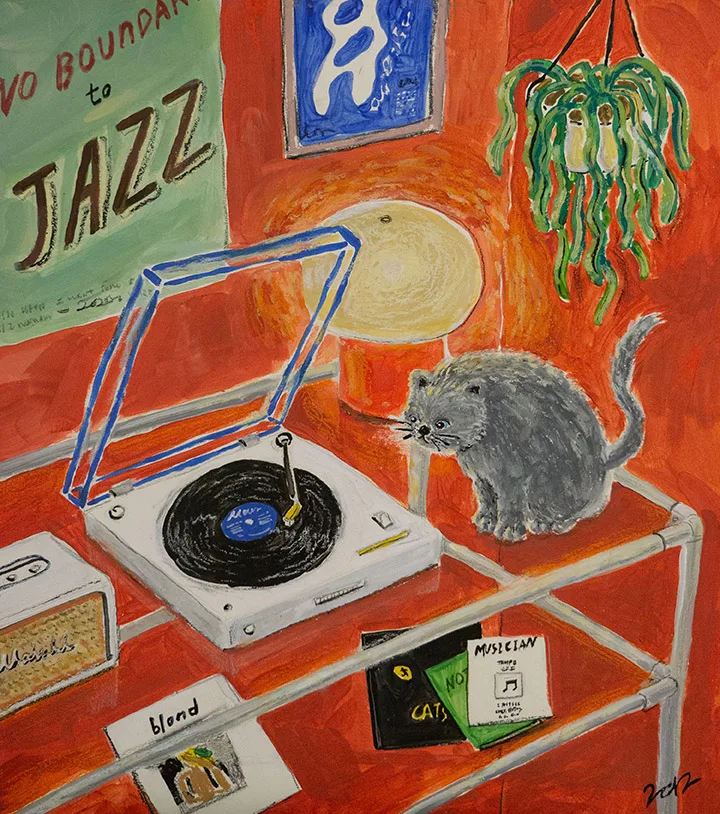 A CAT LISTENING TO MUSIC ON VINYL