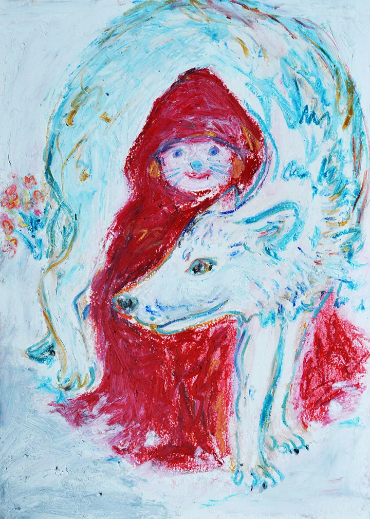 A WOLF WITH A BOY IN RED
